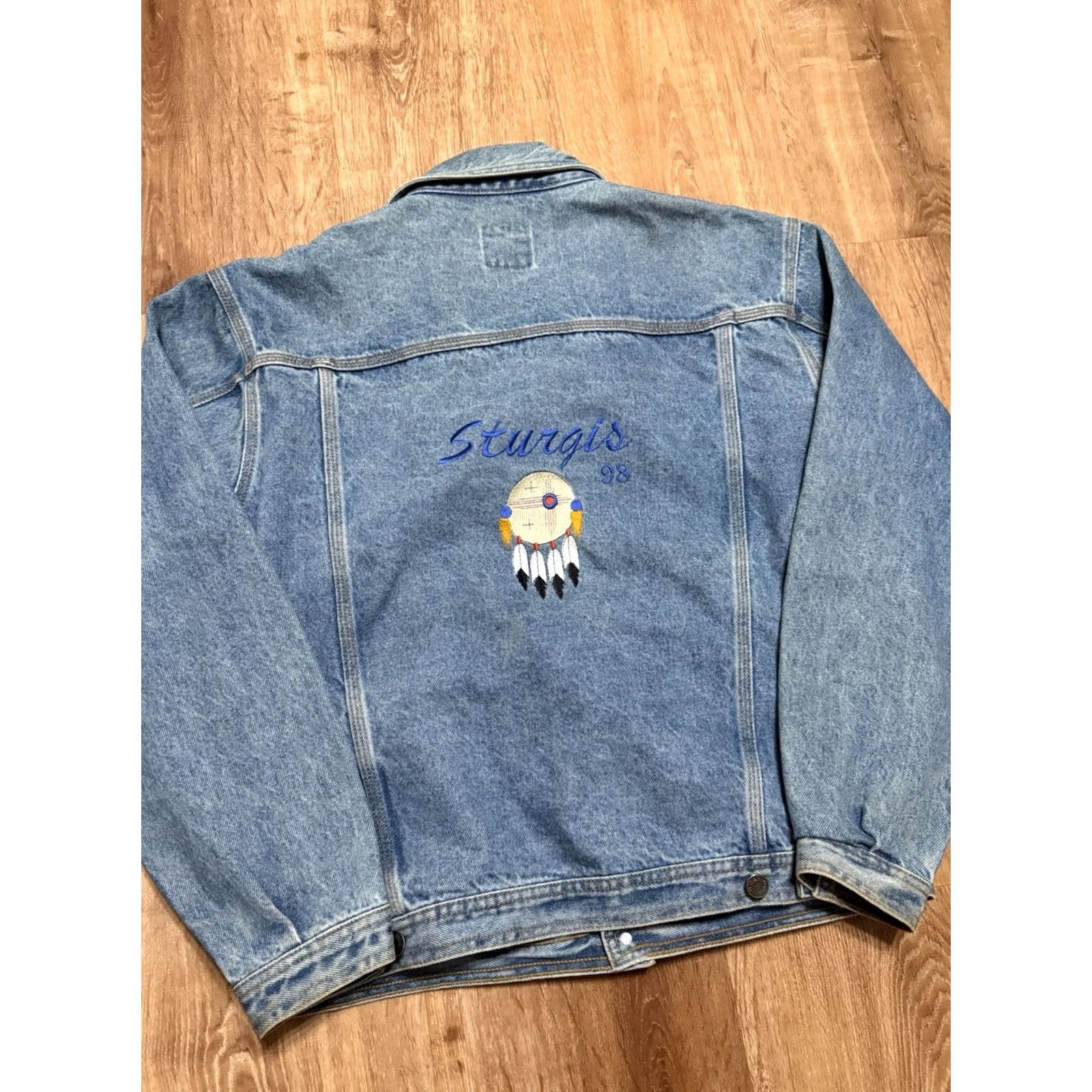 Native VINTAGE Sturgis 1998 Denim Jean Jacket Embroidered Mens Small Native Biker Jacket Denim Blue Embroidered Mens Biker Size US 29 - 7 Thumbnail