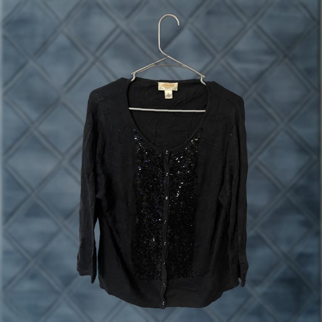 Talbots Talbots Cardigan Shirt Women Petite XL Black 3/4 Sleeve Sequin Button-Up Silk/Cashmere Blend Discount? (Note: This seems off) Size XL / US 12-14 / IT 48-50 - 1 Thumbnail