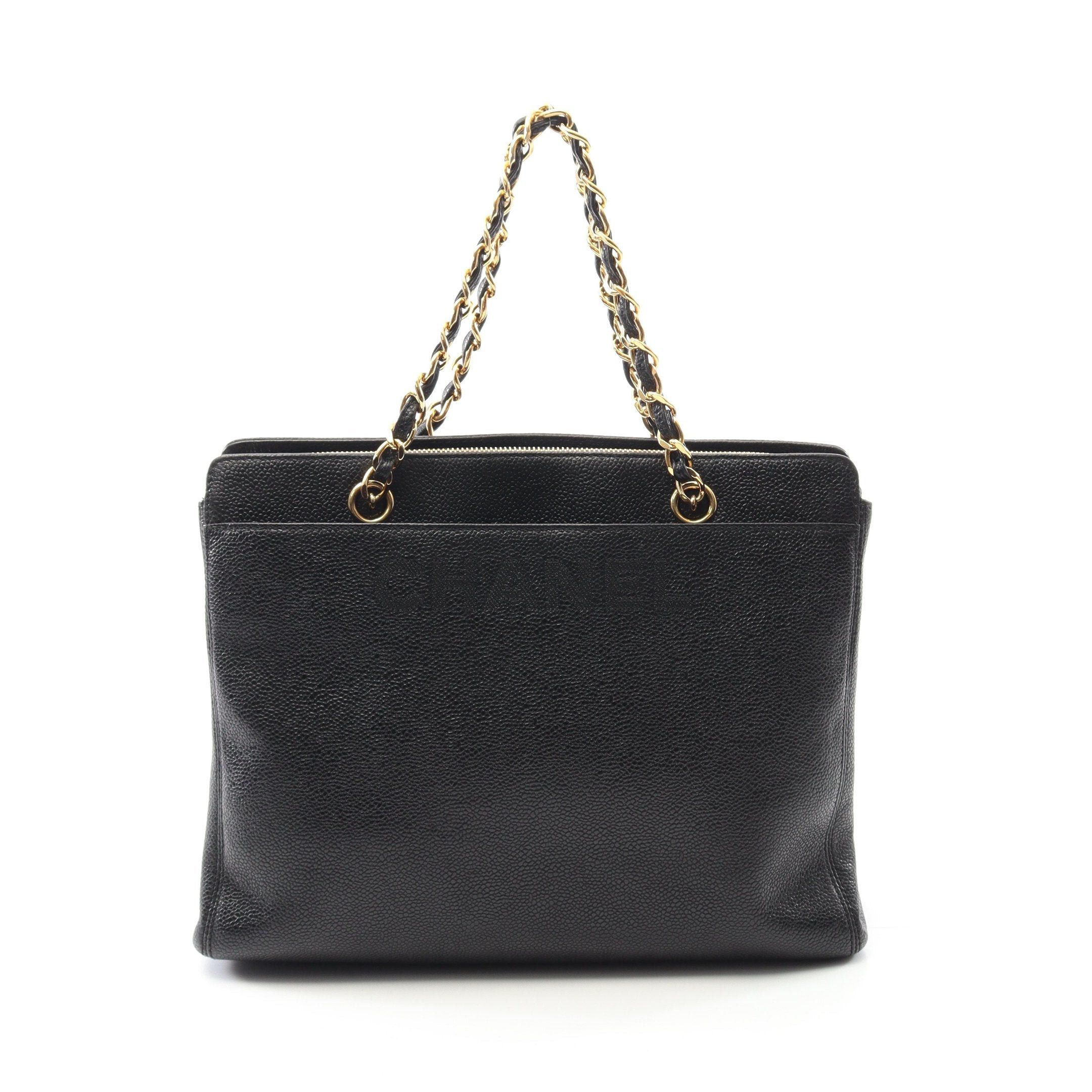Chanel Chain Handbag Caviar Skin Black Gold Hardware Logo Embroidery