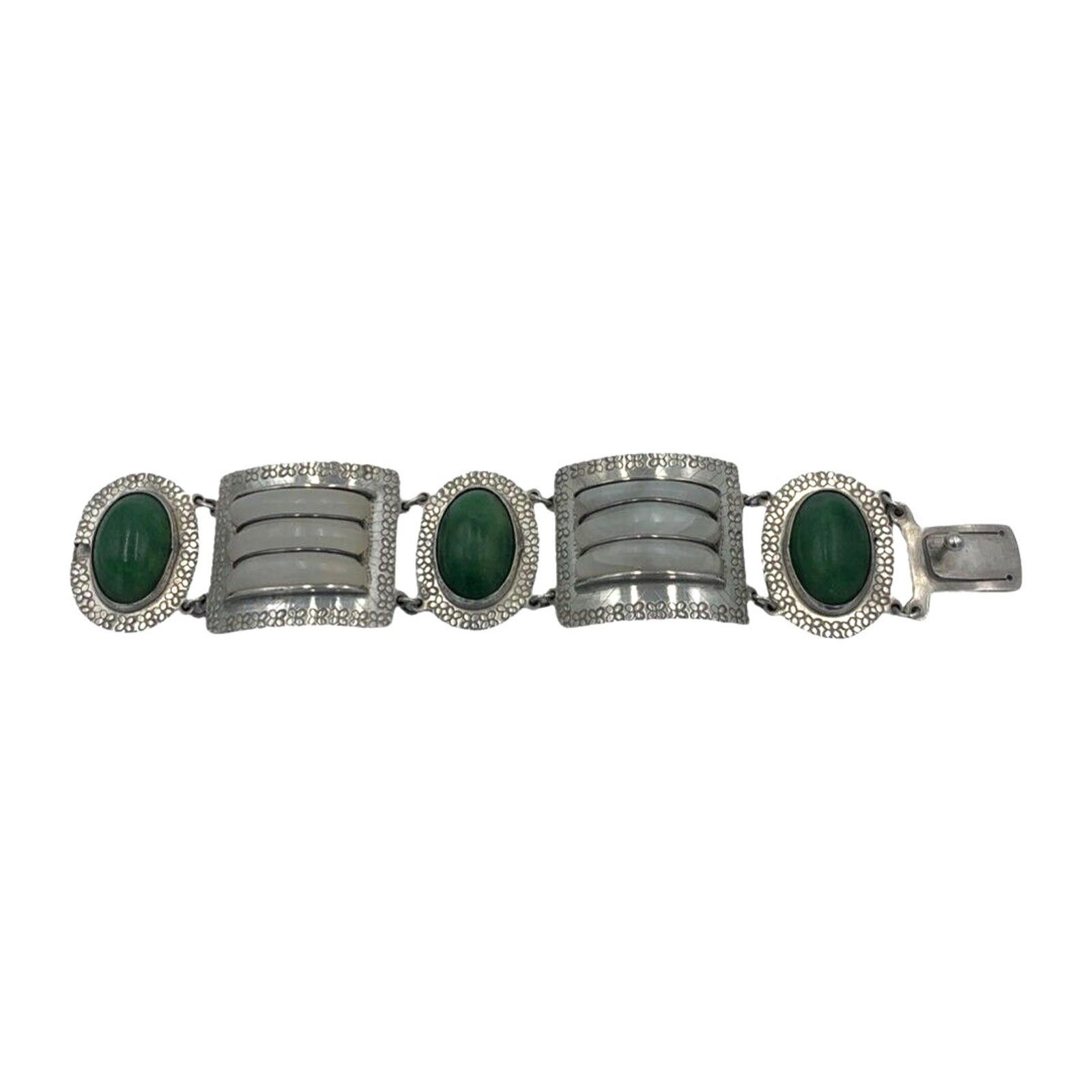 The Unbranded Brand Vintage Sterling Silver Quartz Nephrite Wide Bracelet Mexico Size ONE SIZE - 3 Thumbnail