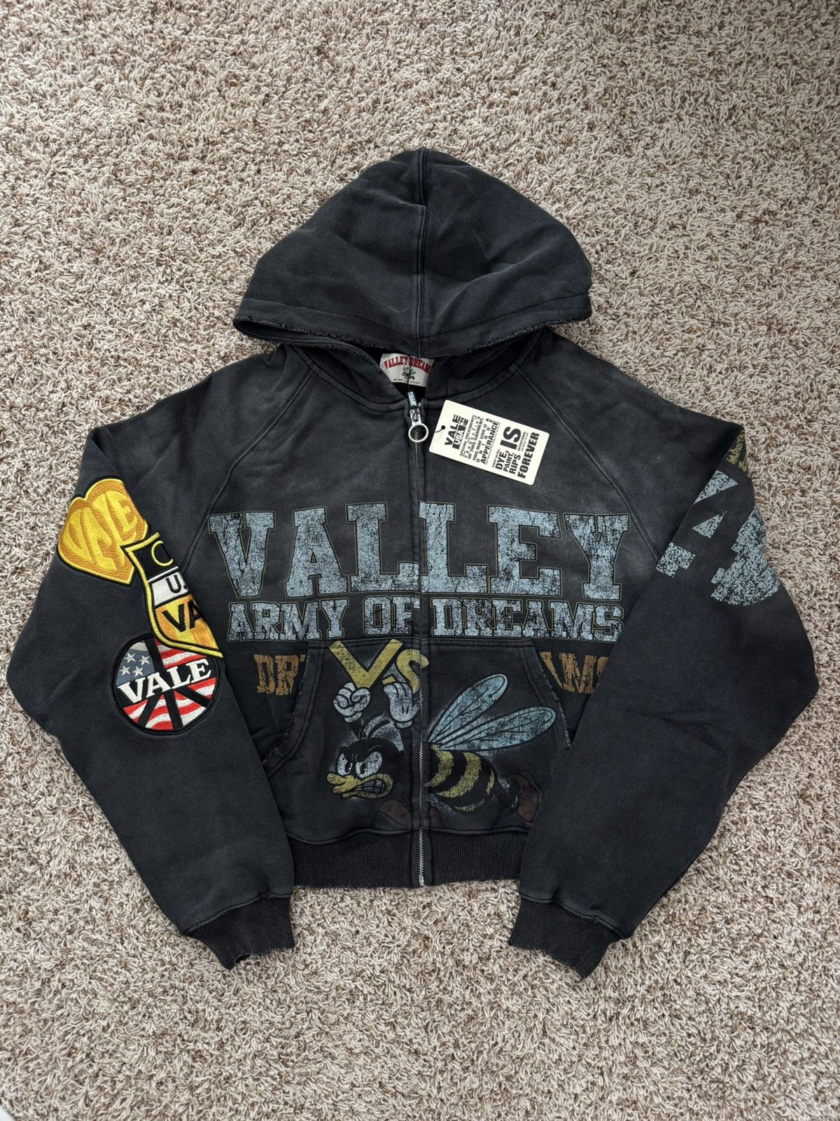 Pre-owned Vale Forever Black Army Patches Zip Up Hoodie Valley Dreams