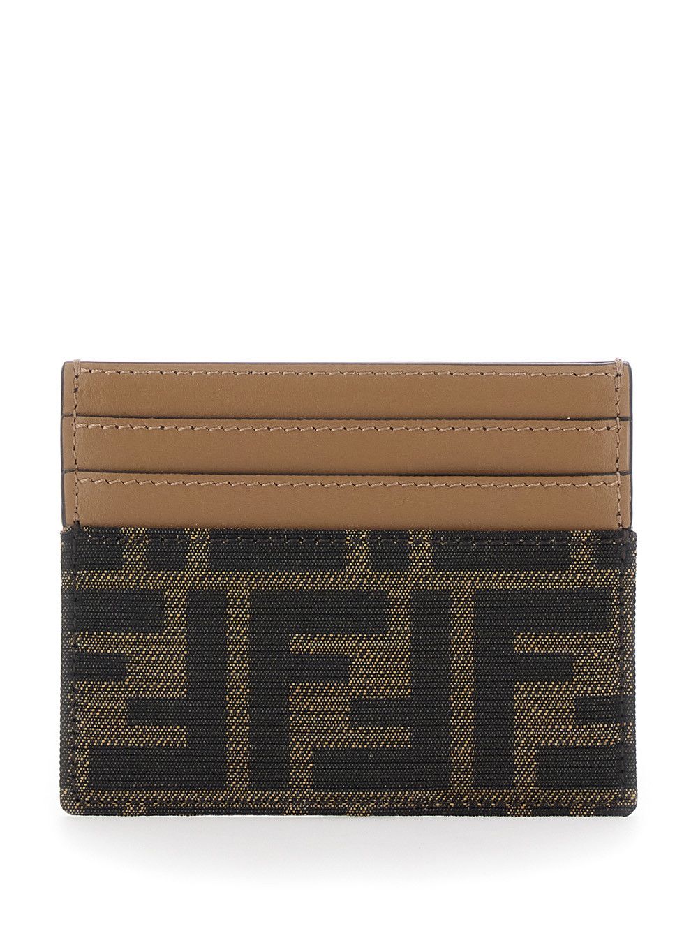 Brown Card Holder with All-Over FF Motif in Fabric and Leather Woman