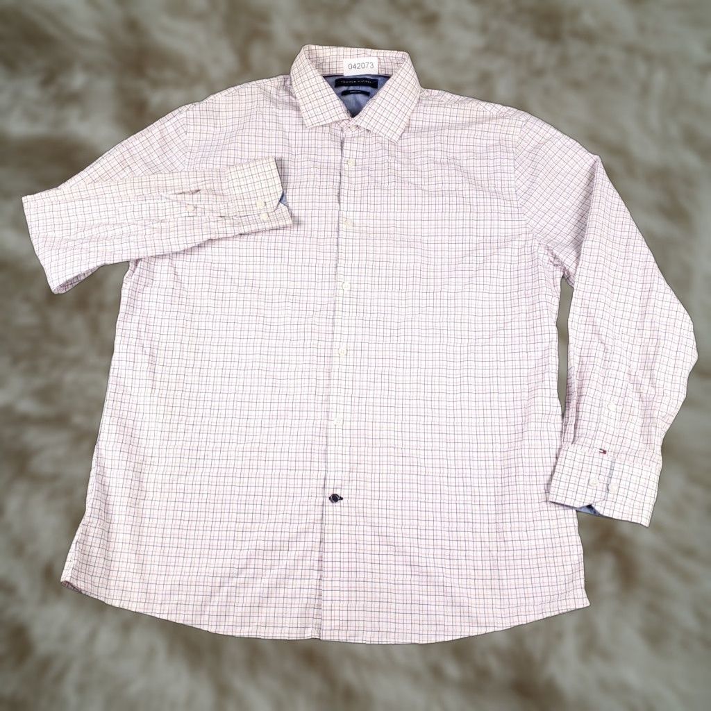Tommy Hilfiger Tommy Hilfiger Shirt Mens 17 Red White Blue Check Dress Button Up Long Sleeve Shirt Mens 17 Red Check Dress Shirt Size 46R - 1 Thumbnail