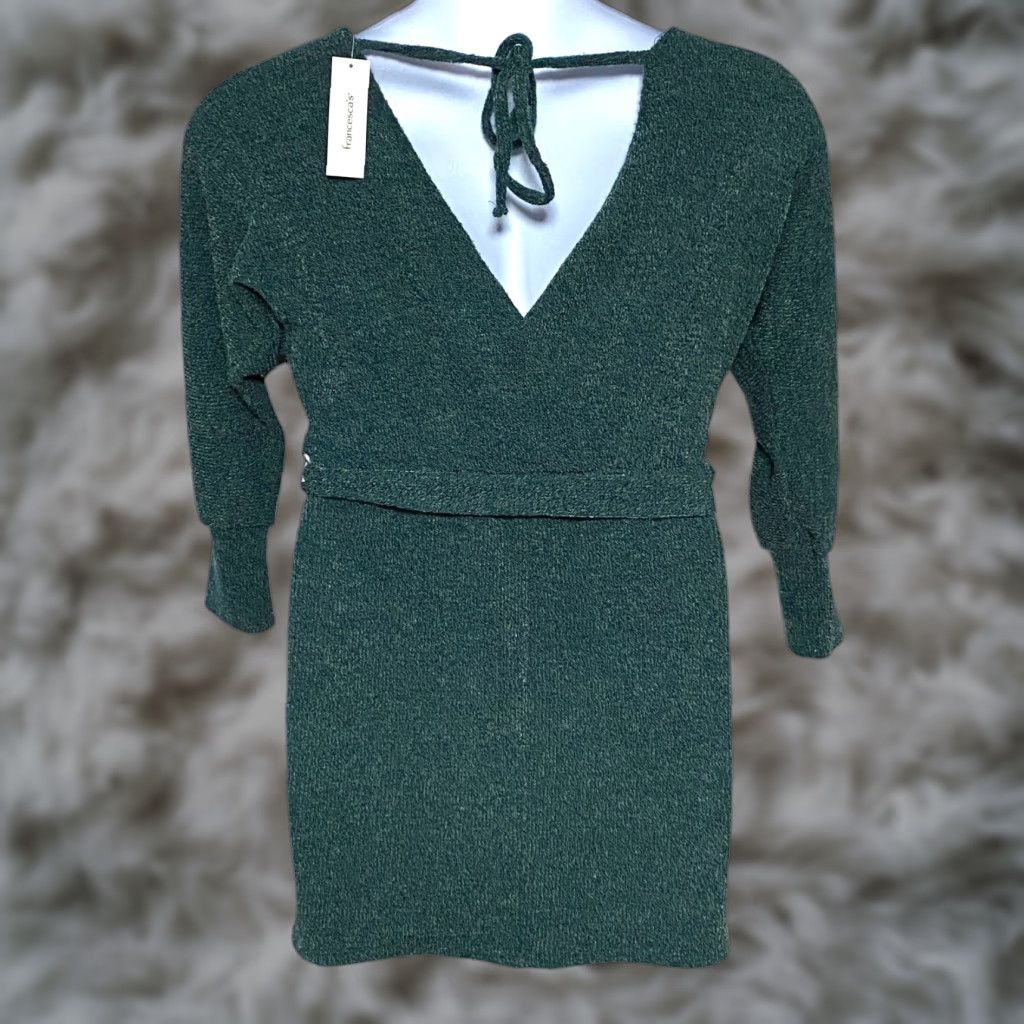 Vintage Francescas Harper Heritage Green Sweater Dress L Surplice Open Back NWT Boho, Long Sleeve, Tie Waist, V-Neck, Machine Washable Size L / US 10 / IT 46 - 1 Thumbnail