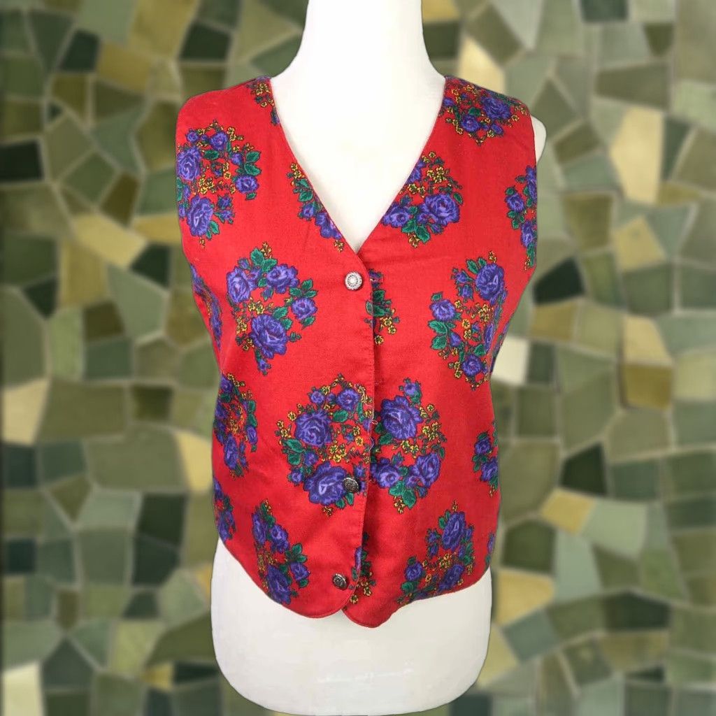 Vintage VINTAGE 90s Floral Print Quilted Reversible Vest, Red/Blue, Cotton, S, Casual, Regular, Button Front, Arts & Crafts, Womens Size S / US 4 / IT 40 - 1 Thumbnail
