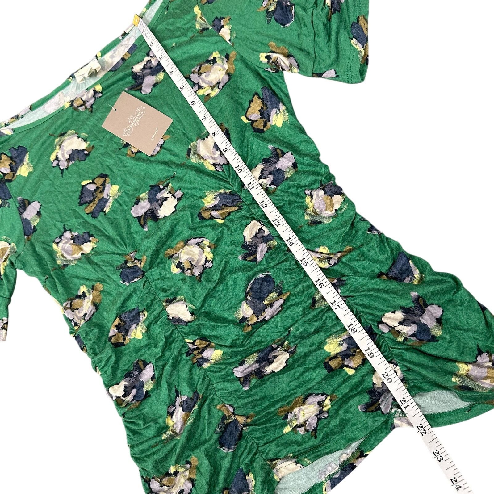 Anthropologie Anthropologie Ruched Floral Short Sleeve Blouse Top Green Size S / US 4 / IT 40 - 4 Thumbnail