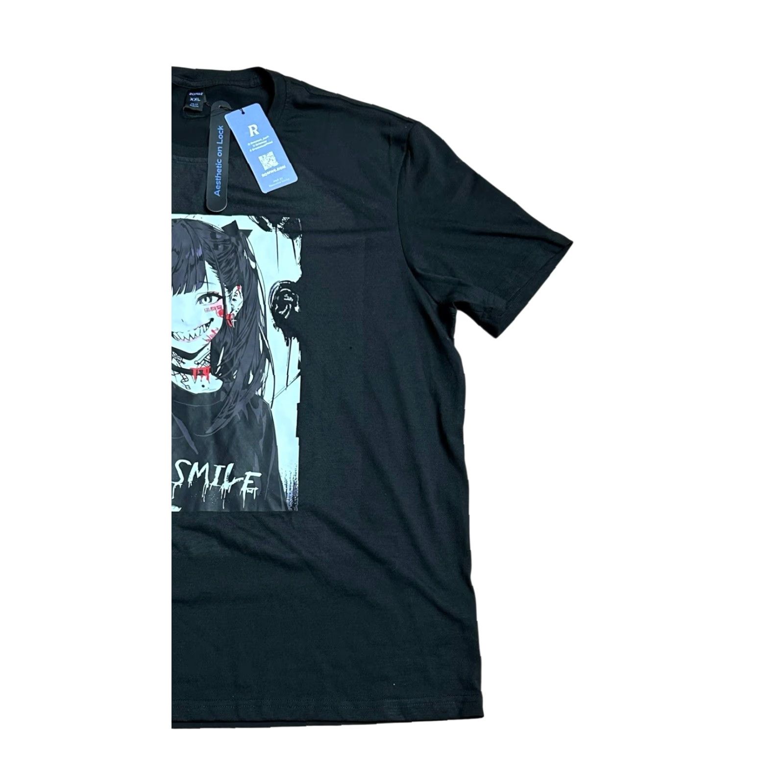 Vintage ROMWE Men's Black Evil Smile Girl Graphic Print Shirt Sz 2XL NWT Anime Shirt Men Short Sleeve Graphic Print Shirt Black Mens 2XL Anime Size US XXL / EU 58 / 5 - 4 Thumbnail