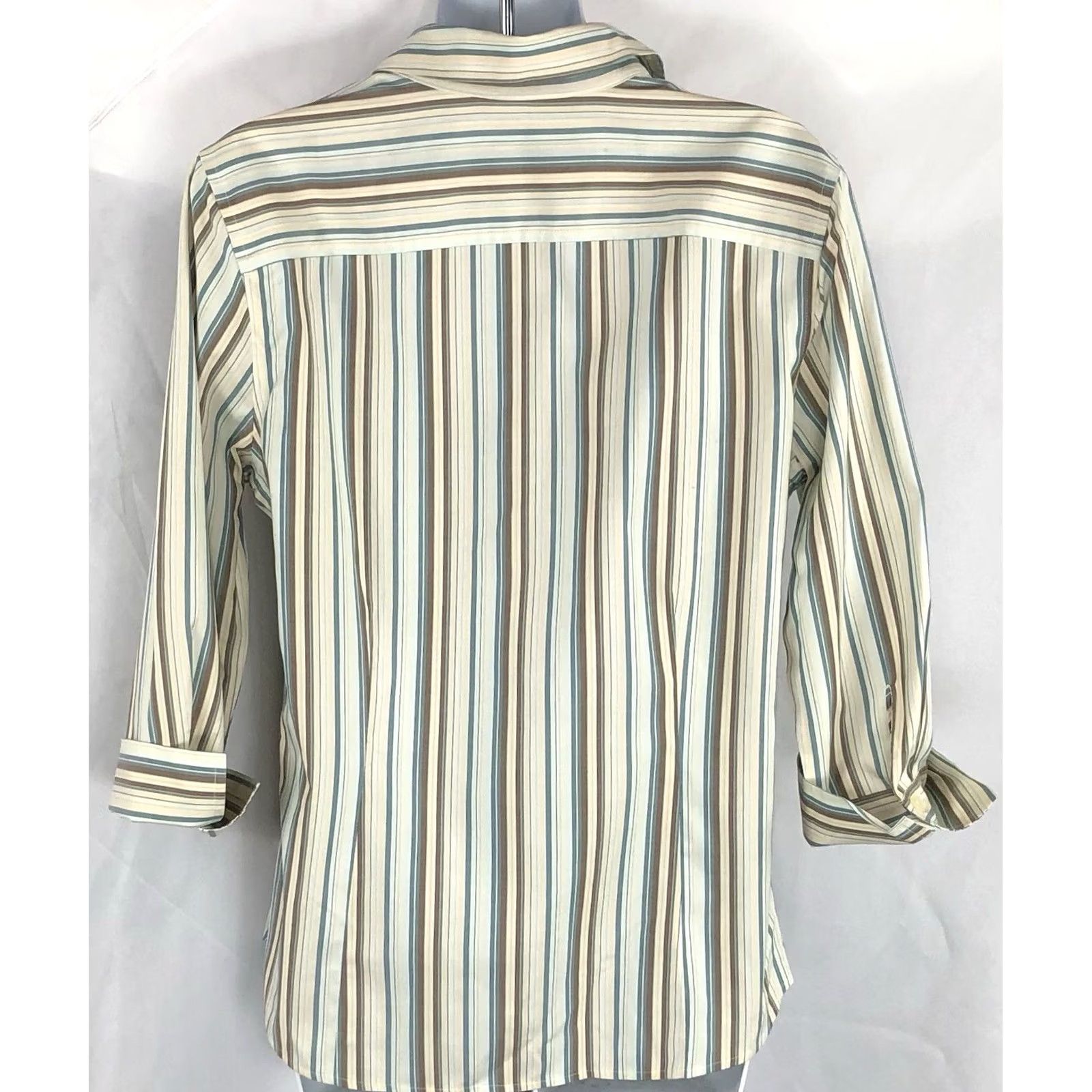 Eddie Bauer Eddie Bauer button up top M striped blue ivory 3/4 cuff sleeve collar career Size M / US 6-8 / IT 42-44 - 3 Thumbnail