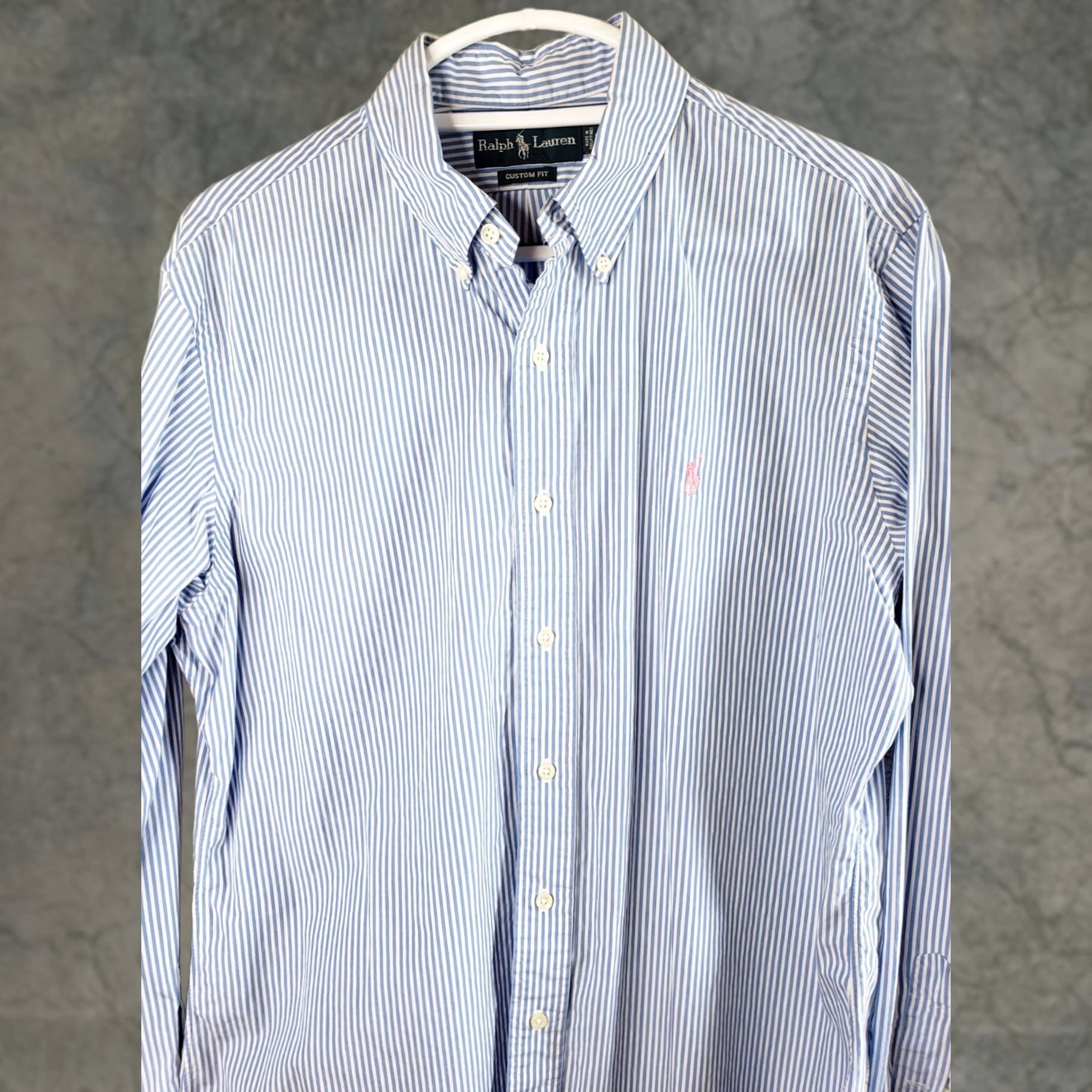 Ralph Lauren VINTAGE Ralph Lauren Dress Shirt Blue Striped Embroidered Pony Custom Fit Men's L Long Sleeve Button-Down Collar Shirt Size 42R - 1 Thumbnail