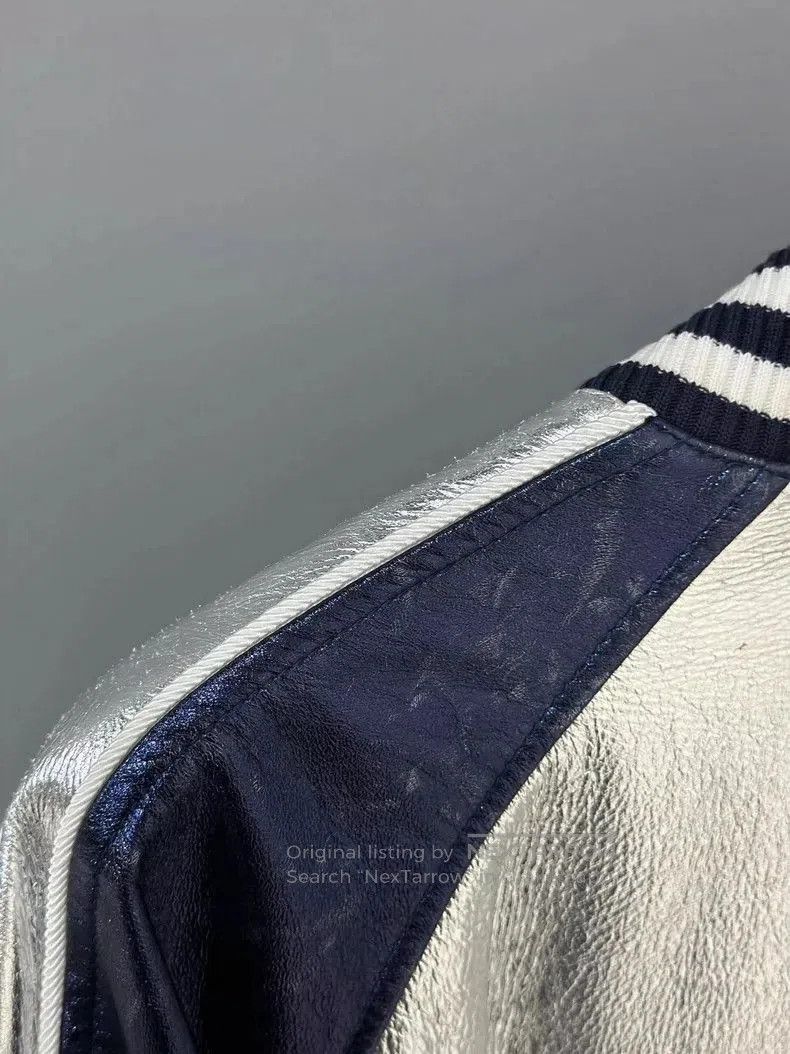 Balmain Silvery Bomber Jacket with Navy Accents. Size US L / EU 52-54 / 3 - 5 Thumbnail