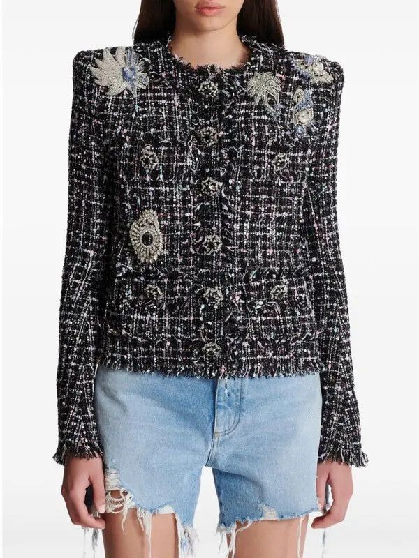 Balmain o1s1wg110825 Collarless Tweed Jacket in Black Size S / US 4 / IT 40 - 4 Thumbnail
