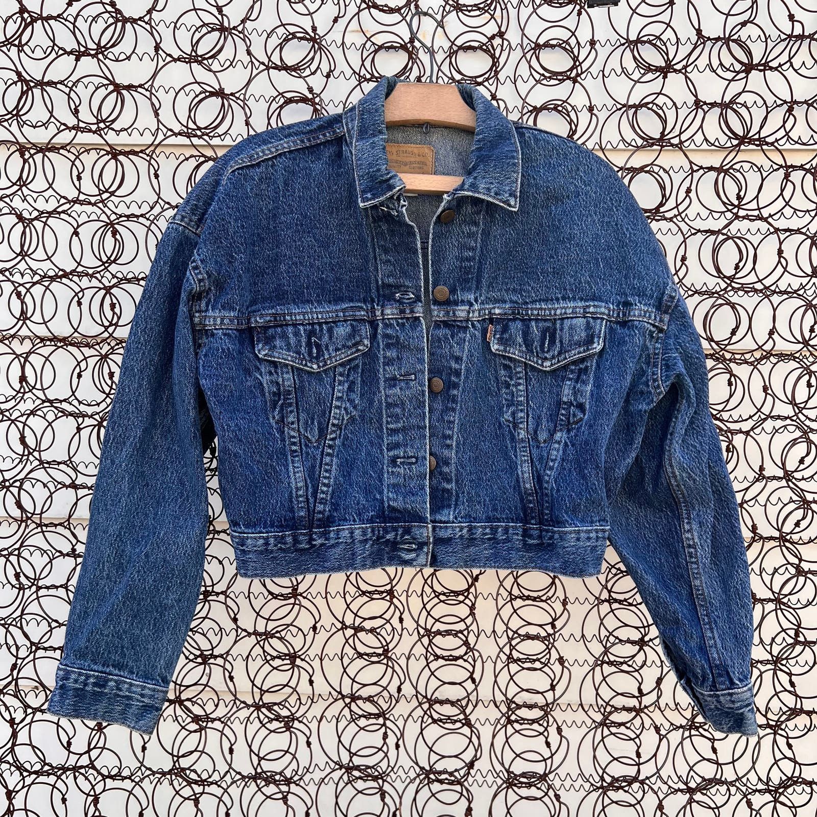 image of Levis 80's Levi's 77933 Crop Trucker Jacket Orange Tan Tab Jean in Blue, Women's (Size Medium)