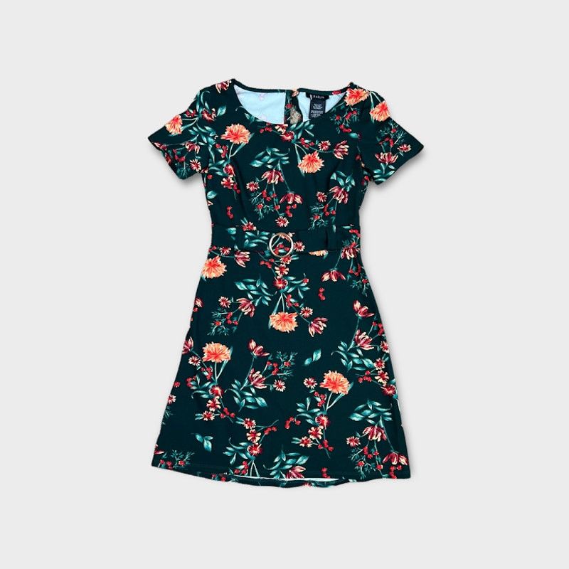 Macys B Darlin | Belted Floral Dress Dark Green | Size 5/6 Size M / US 6-8 / IT 42-44 - 4 Thumbnail