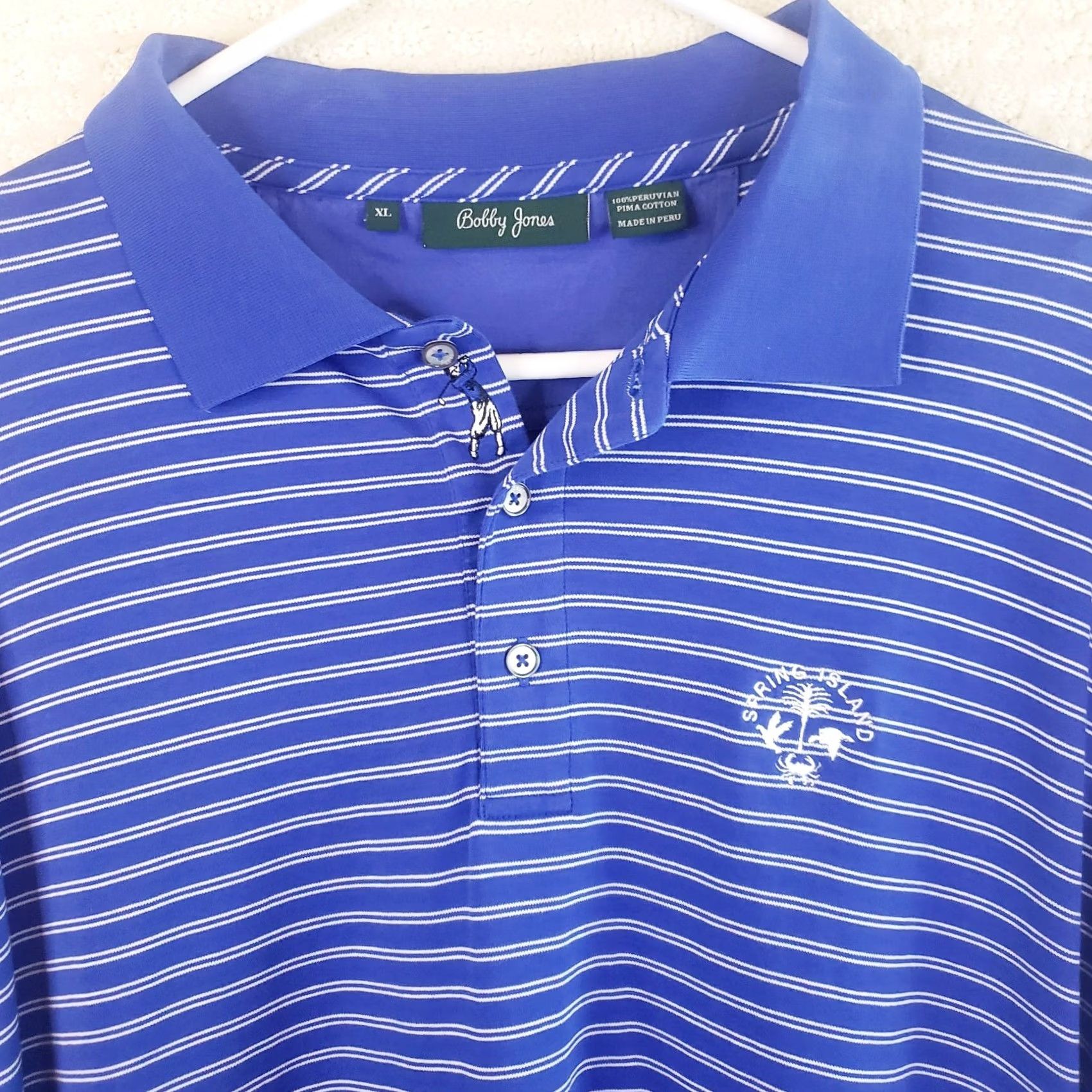 Vintage Bobby Jones Polo Shirt Men XL Blue Stripe Short Sleeve Button Collared Classic Breathable Easy Care Golf Spring Island SC Logo Size US XL / EU 56 / 4 - 3 Thumbnail