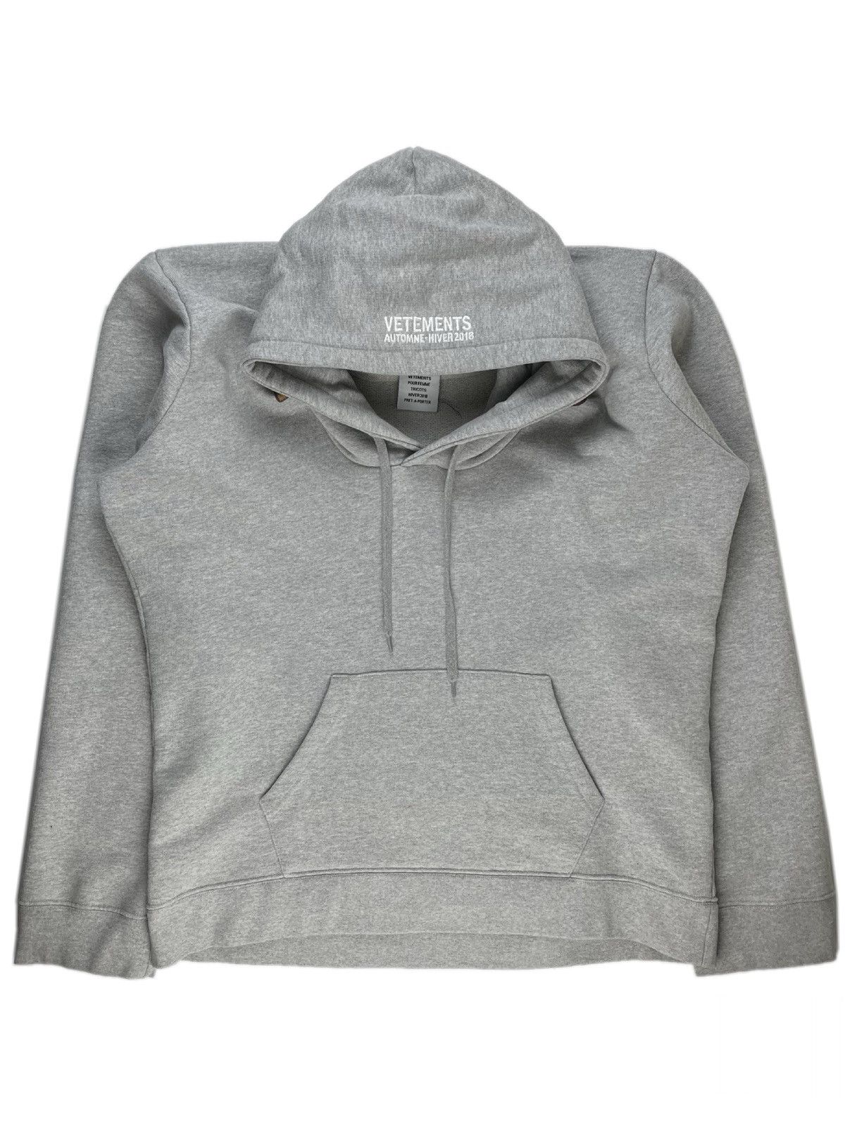 image of Aw18 Vetements Misplaced Logo Cropped Hoodie Grey, Men's (Size Small)