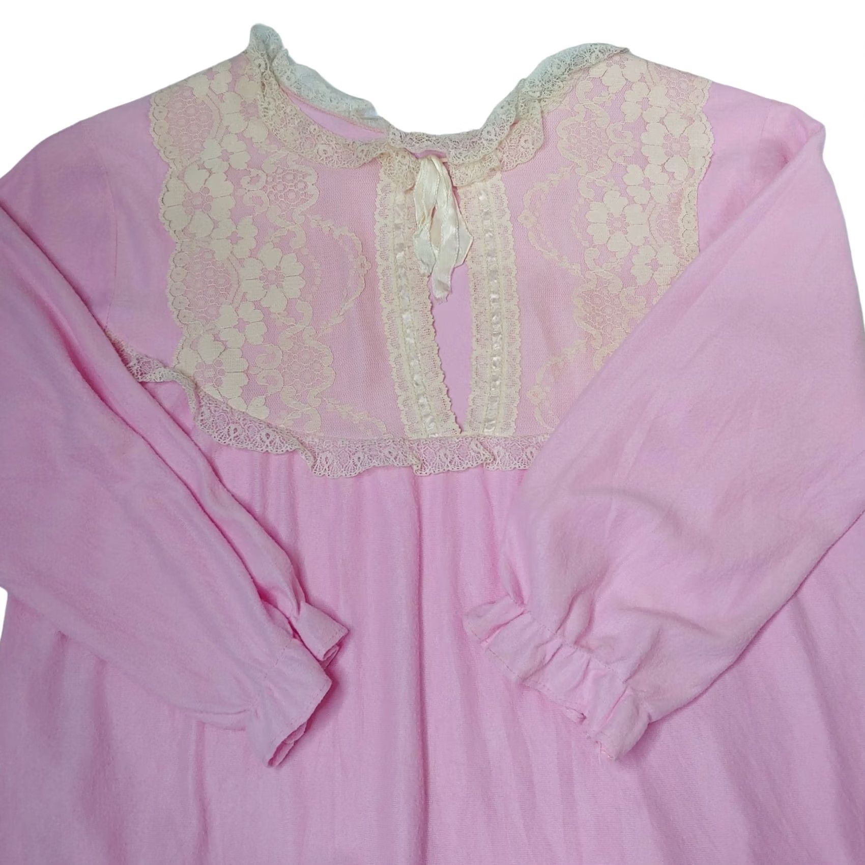 Pinko Vintage Nightgown Medium Long Pink Acetate White Lace Ribbon Tie Grannycore Size ONE SIZE - 4 Thumbnail