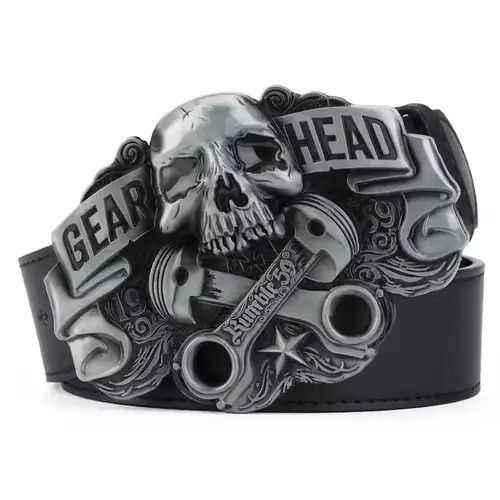 image of Leather Gear Head Skull Buckle Belt in Black, Men's