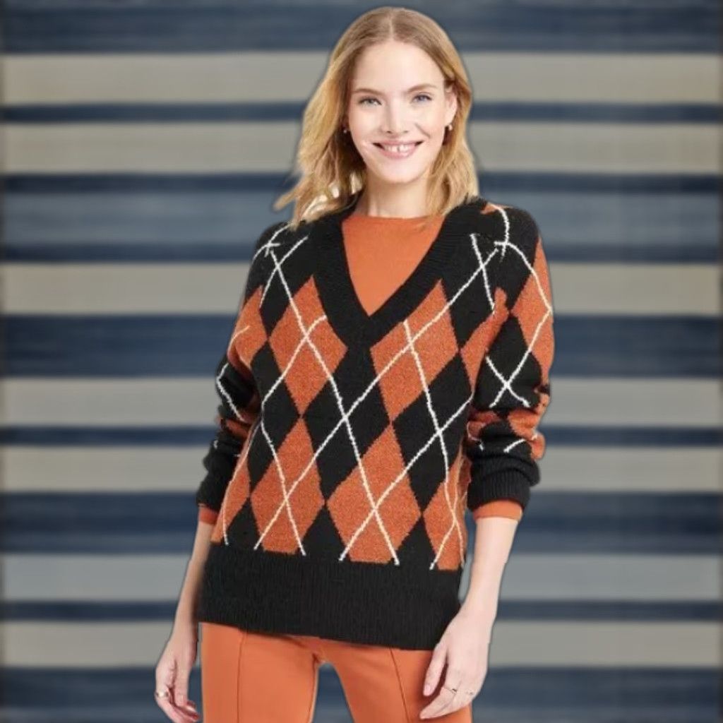 Vintage A New Day Long Sleeve Knitted Black Rust Orange Argyle Tunic Women's Med Sweater Size M / US 6-8 / IT 42-44 - 1 Thumbnail