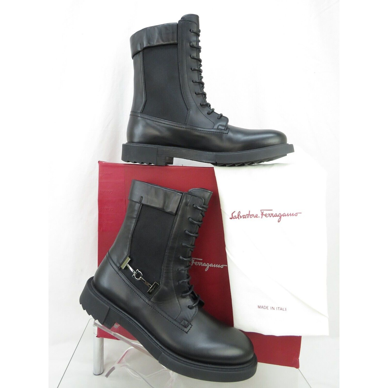 NEW IGLESIAS BLACK LEATHER GANCINI LOGO COMBAT BOOTS 12 E