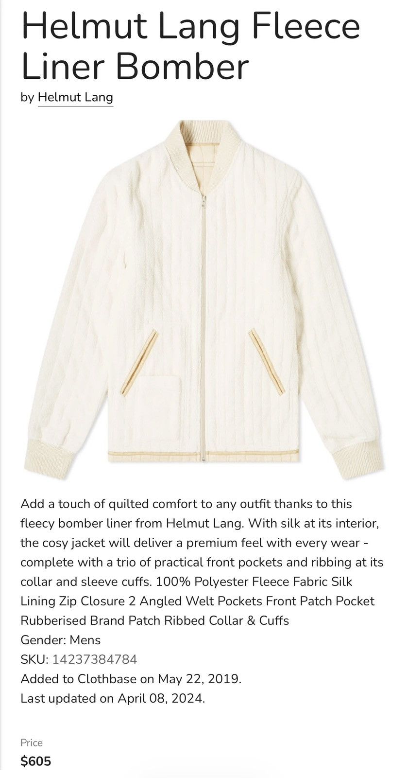 Helmut Lang Liner Bomber Jacket in Nubby Fleece in Cream Size US XL / EU 56 / 4 - 4 Thumbnail