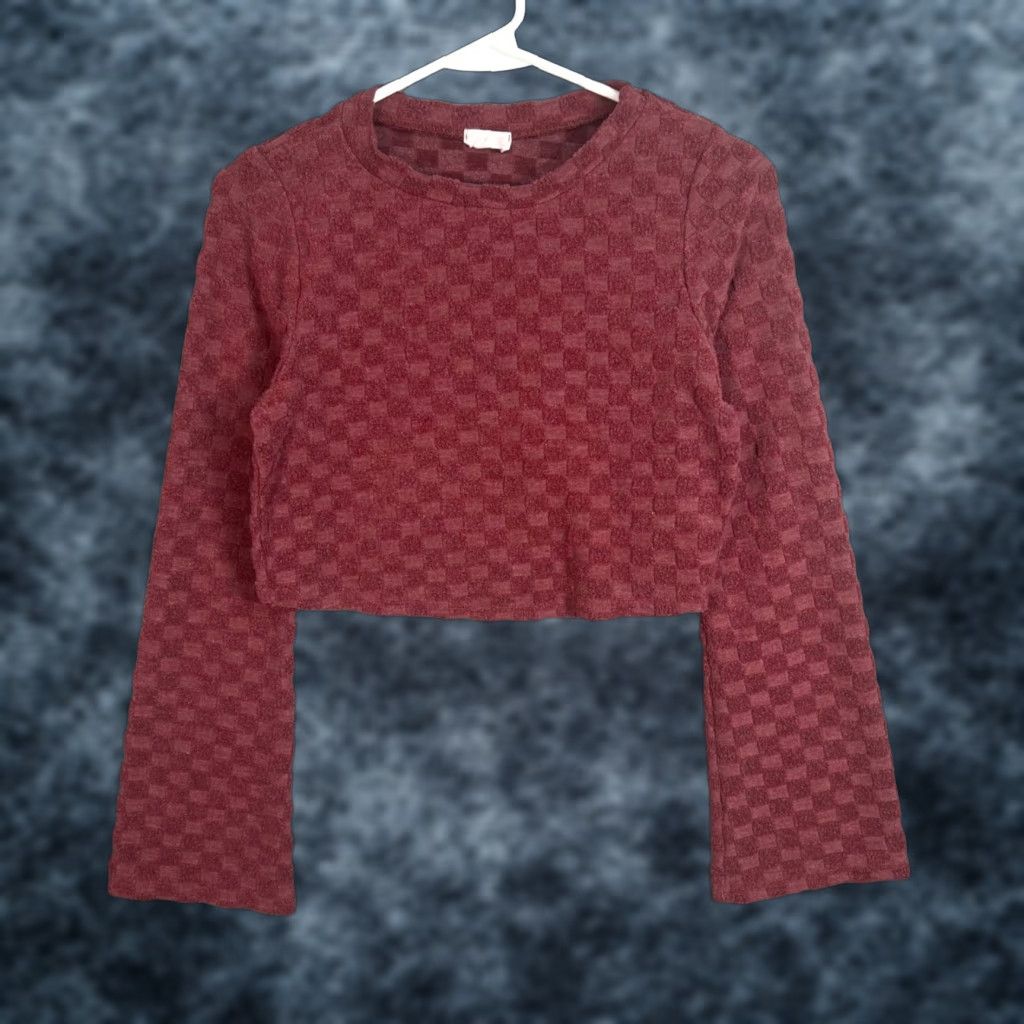 Vintage Le Lis Collection Burgundy Red Checkered Long Sleeve Crop Top Womens S Blouse Cropped Shirt Casual Spring Summer Size S / US 4 / IT 40 - 1 Thumbnail