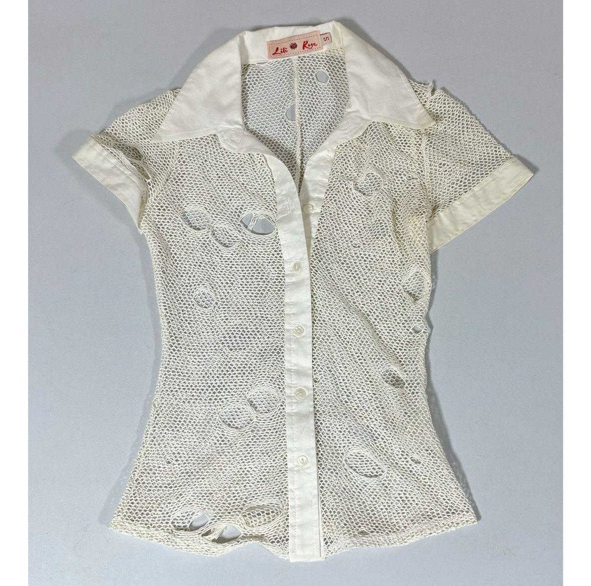 Lil Peep White Fishnet Collared Button-Down Shirt Blouse Size S 🤍✨ Size S / US 4 / IT 40 - 2 Thumbnail
