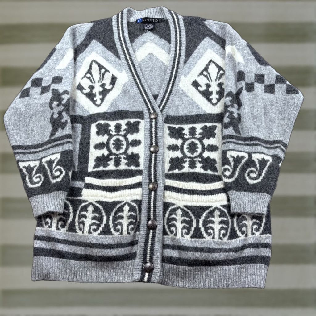 Vintage VINTAGE IB Diffusion Cardigan Sweater Womens L Gray Geometric 1991 Rabbit Hair Size L / US 10 / IT 46 - 1 Thumbnail