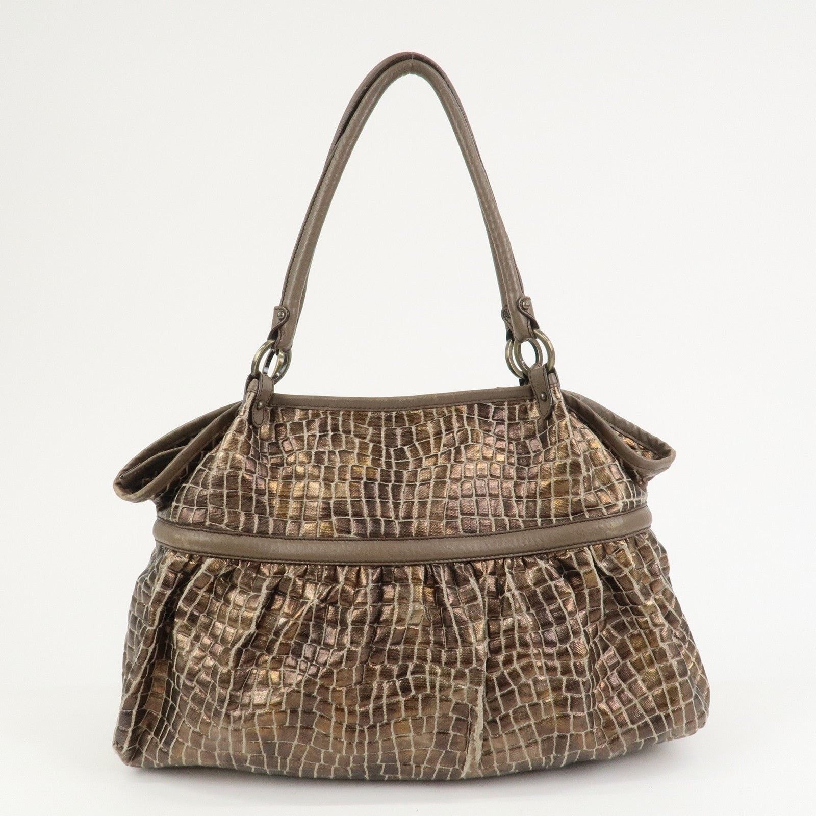 Fendi Fendi Embossed Leather Gathered Shoulder Tote Brown Size ONE SIZE - 2 Thumbnail