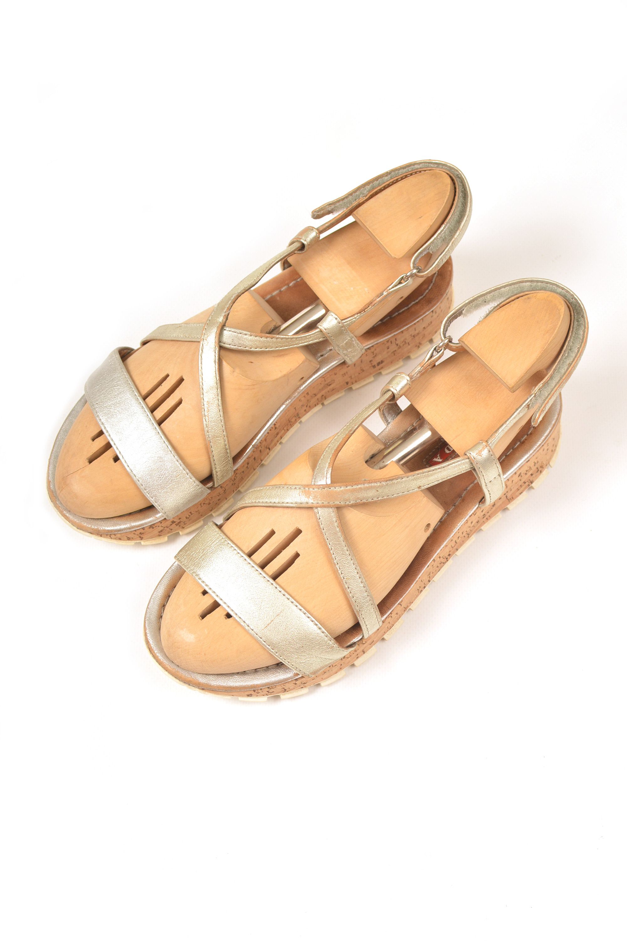 Prada × Vintage Prada Vintage Pratform Cork Silver Strappy Sandals Size US 7 / IT 37 - 1 Thumbnail