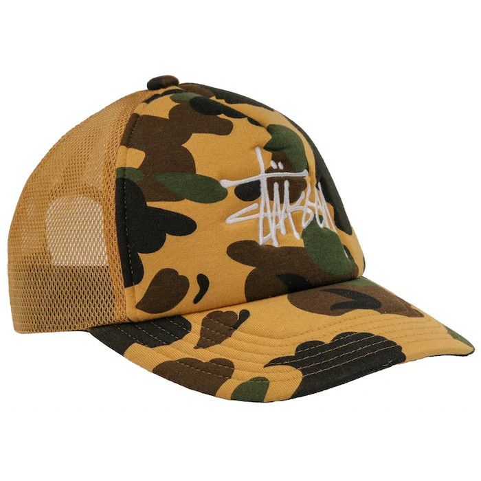 image of Bape x Stussy Trucker Cap Yellow, Men's
