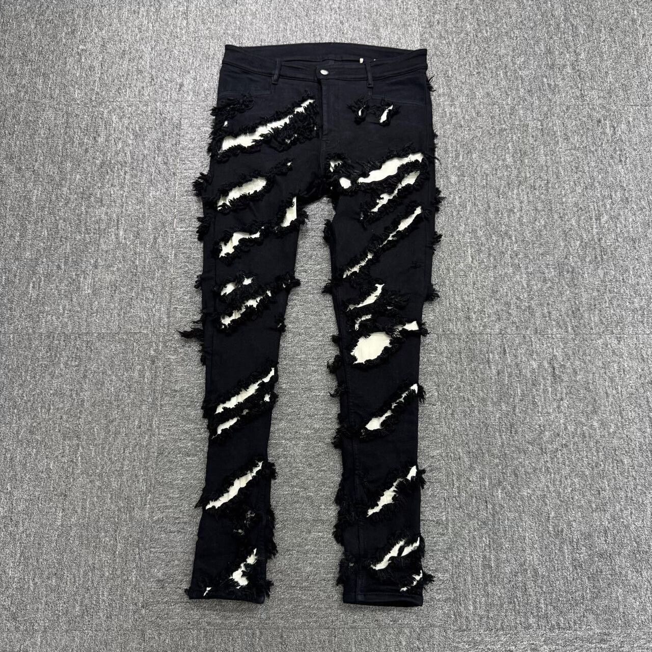 rick owens ripped black denim pants