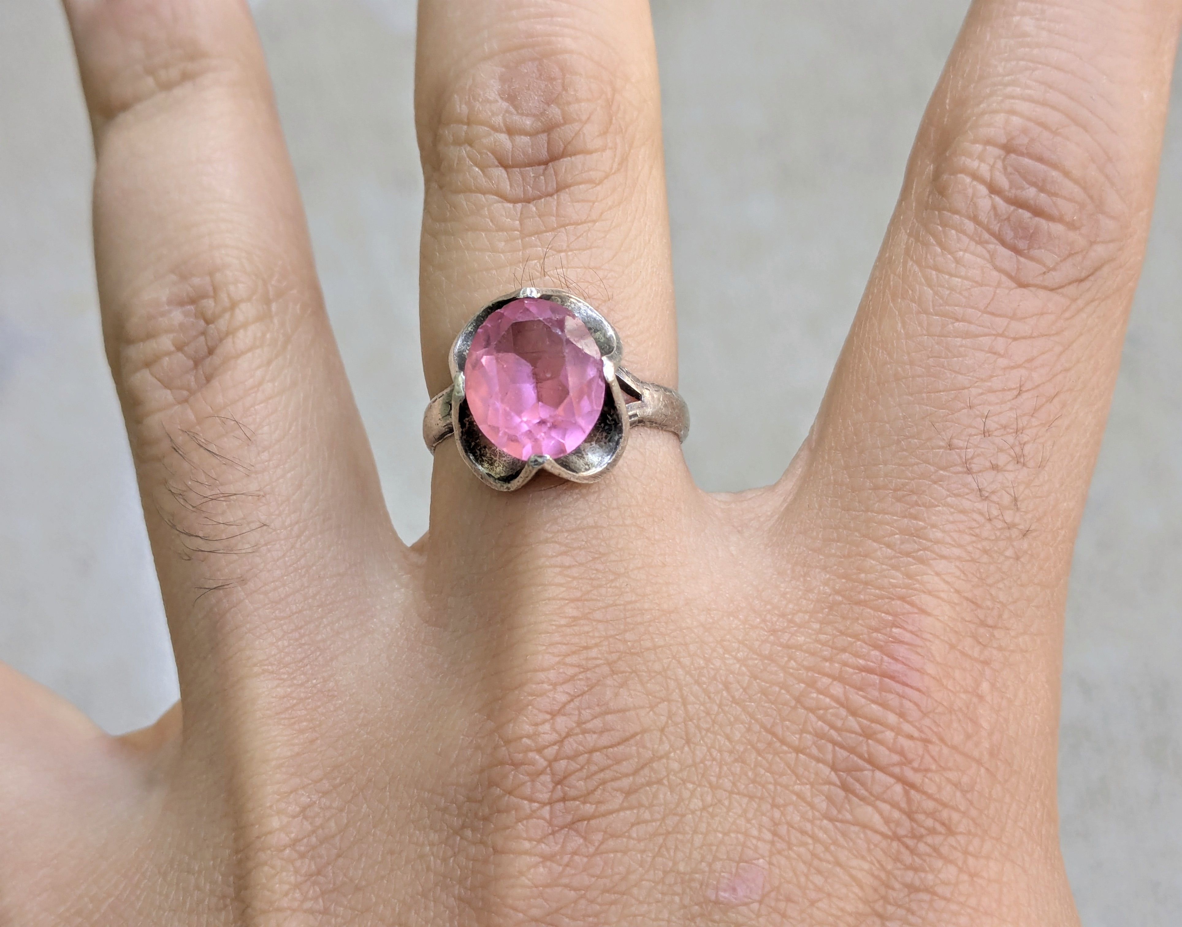 Jewelry Vintage Sterling Silver Ring Pink Glass 8.5 Belcher Mexico Size ONE SIZE - 11 Thumbnail