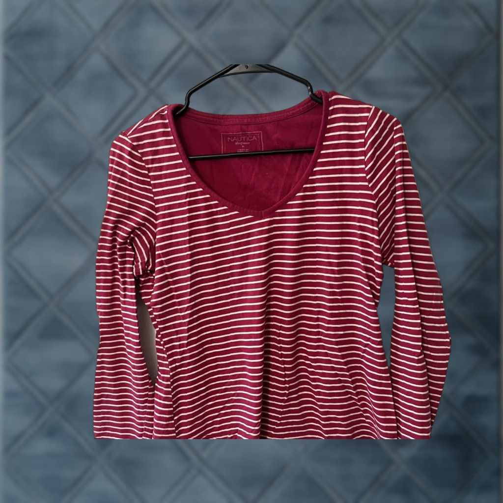 Nautica VINTAGE Nautica Shirt Womens M Pink Striped Long Sleeve Pajama Top Adult Medium Cotton Blend Sleepwear Size M / US 6-8 / IT 42-44 - 1 Thumbnail