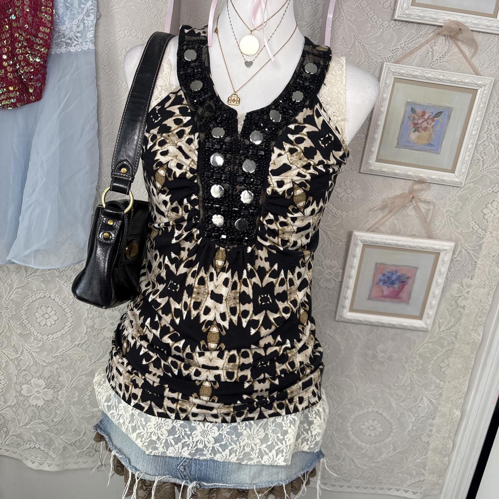 Other y2k going out cheetah print beaded blouse top Size M / US 6-8 / IT 42-44 - 4 Thumbnail