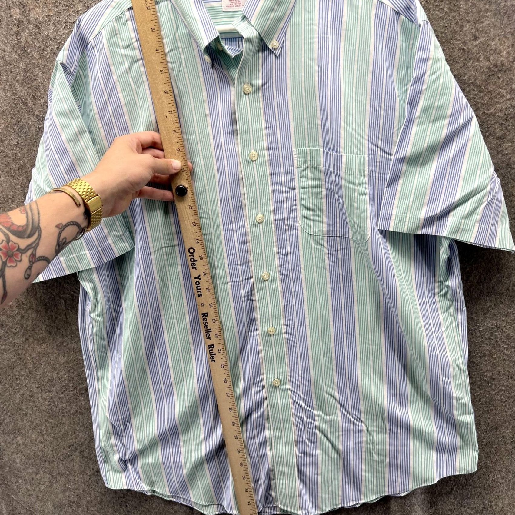 Brooks Brothers Brooks Brothers Shirt Mens Large Green Blue Stripe Button-Down Non-Iron Cotton Short Sleeve Pockets Size US L / EU 52-54 / 3 - 7 Thumbnail