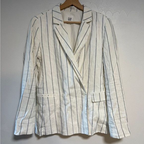 Other GAP Striped Linen Blend Blazer Sz 0 White w Navy Pinstripes Size XS / US 0-2 / IT 36-38 - 2 Thumbnail