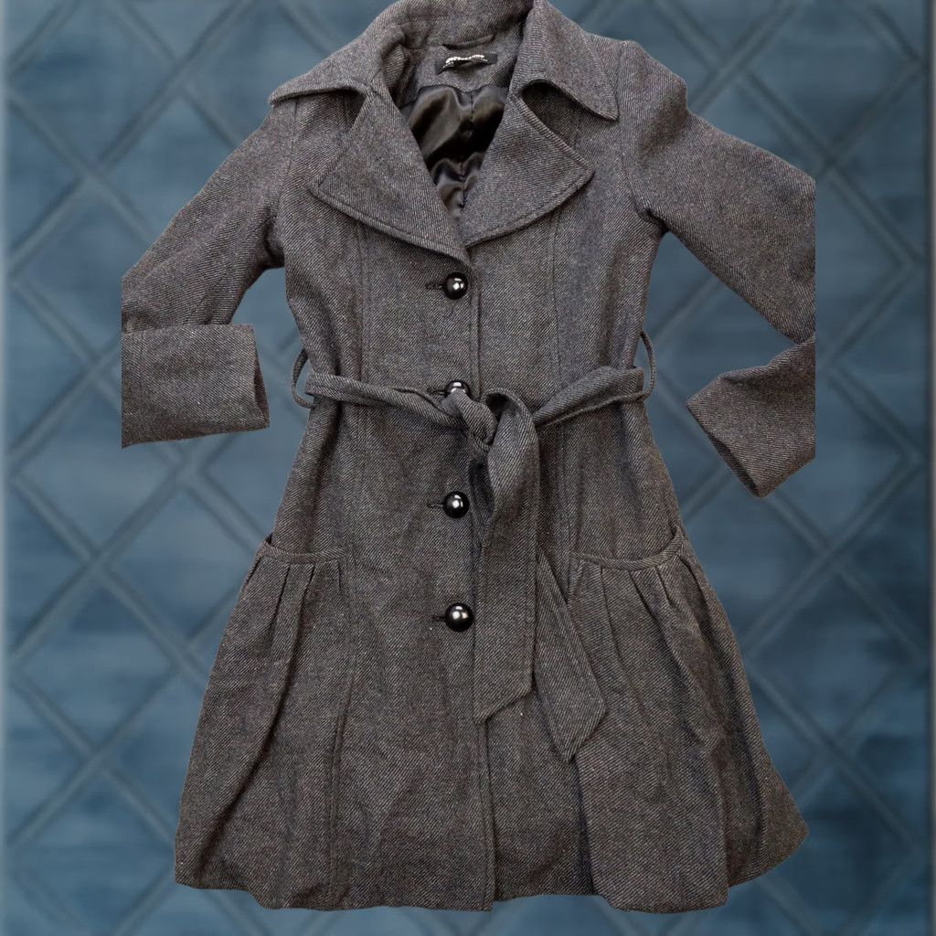 Vintage Coffeeshop Womens Small Gray Wool Blend Belted Pleated Trench Lined Tweed Coat Size S / US 4 / IT 40 - 1 Thumbnail