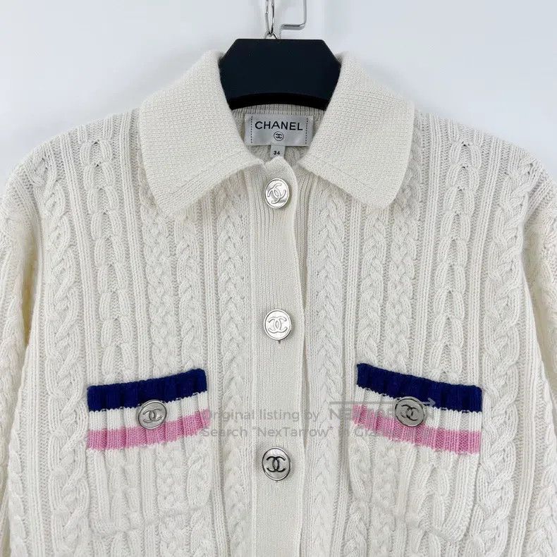 Chanel Chanel Beige striped colour block enamel button knitted ca Size XXS / US 00 / IT 34 - 4 Thumbnail