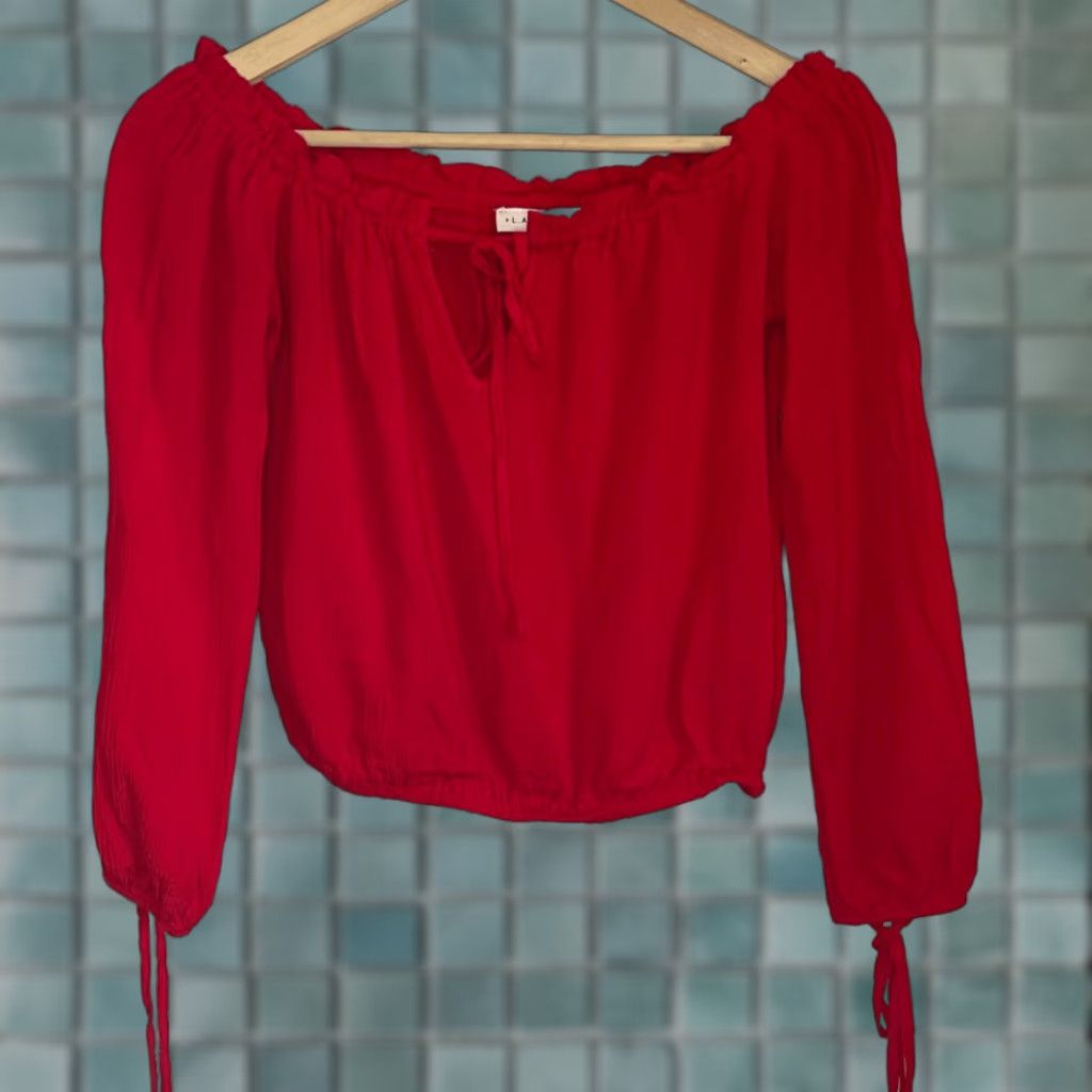 Vintage VINTAGE L.A. Hearts Women’s Red Long Sleeve Cold Shoulder Crop Top XS Elastic Waist Blouse Shirt Women Size XS / US 0-2 / IT 36-38 - 1 Thumbnail