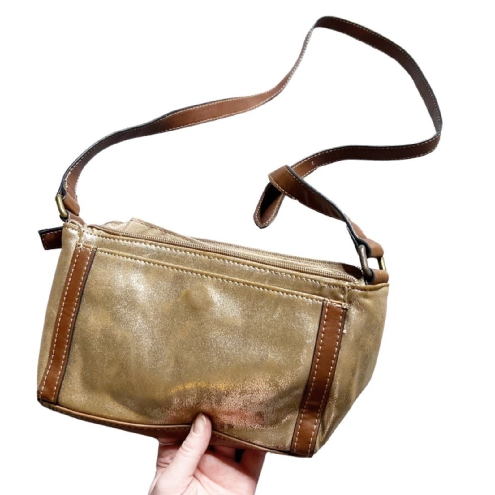 Chaps Chaps Metallic Gold Brown Faux Leather Zip Crossbody Purse Size ONE SIZE - 12 Thumbnail