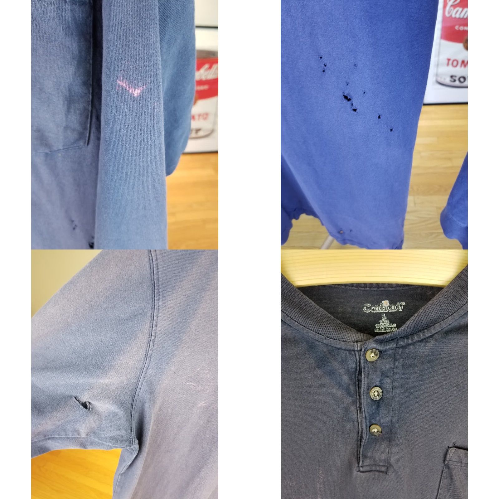 Carhartt VINTAGE Carhartt LONG SLEEVE T-SHIRT Polo Shirt Men L Blue One Pocket Trash**ed** Y2K Sun Fade Size US L / EU 52-54 / 3 - 8 Thumbnail