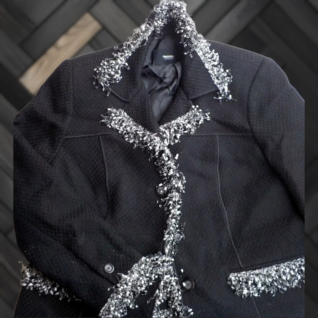 Vintage SIMORRA Barcelona Wool Fringe Trim Ladies Jacket SZ 12 Black 100% Wool Blazer Hip Length Size XL / US 12-14 / IT 48-50 - 1 Thumbnail