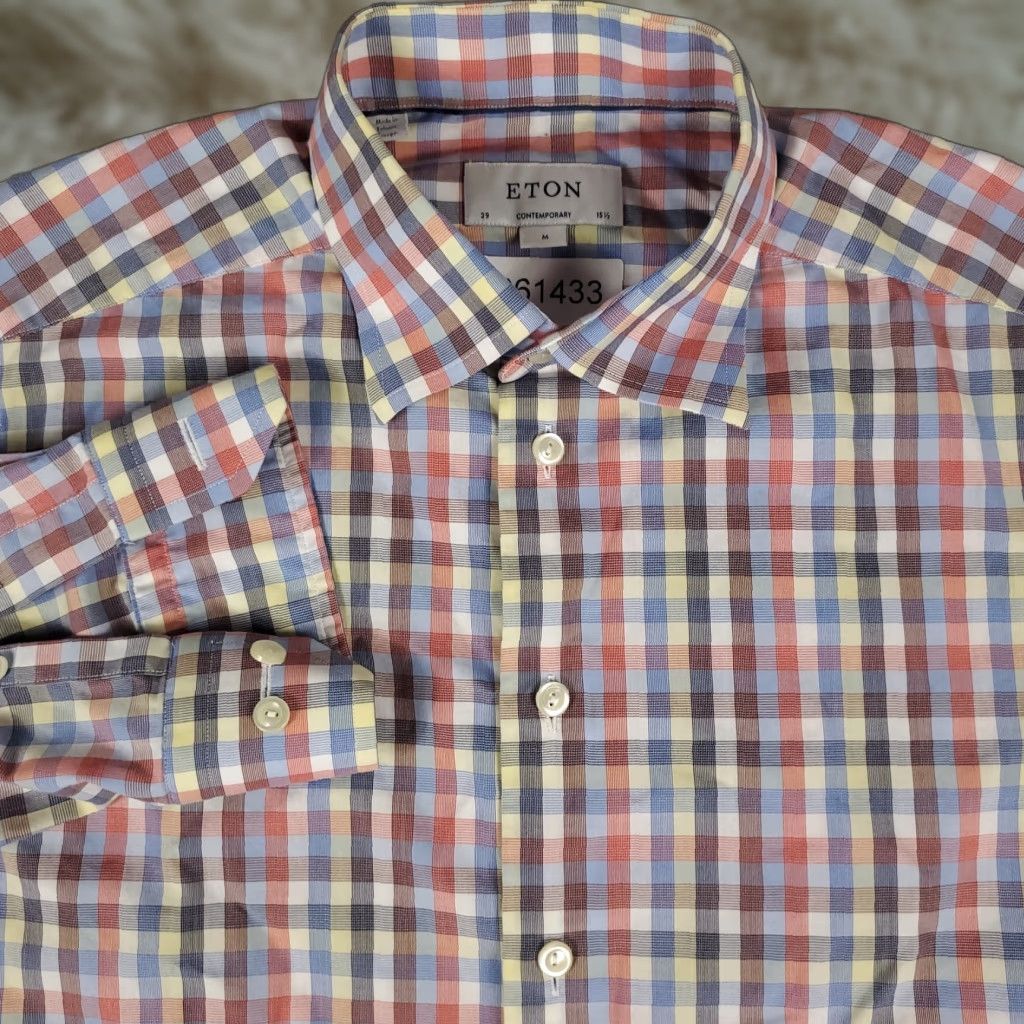 VINTAGE Eton Dress Shirt Men Medium Multicolor Plaid Slim Fit Long Sleeve Business Collared