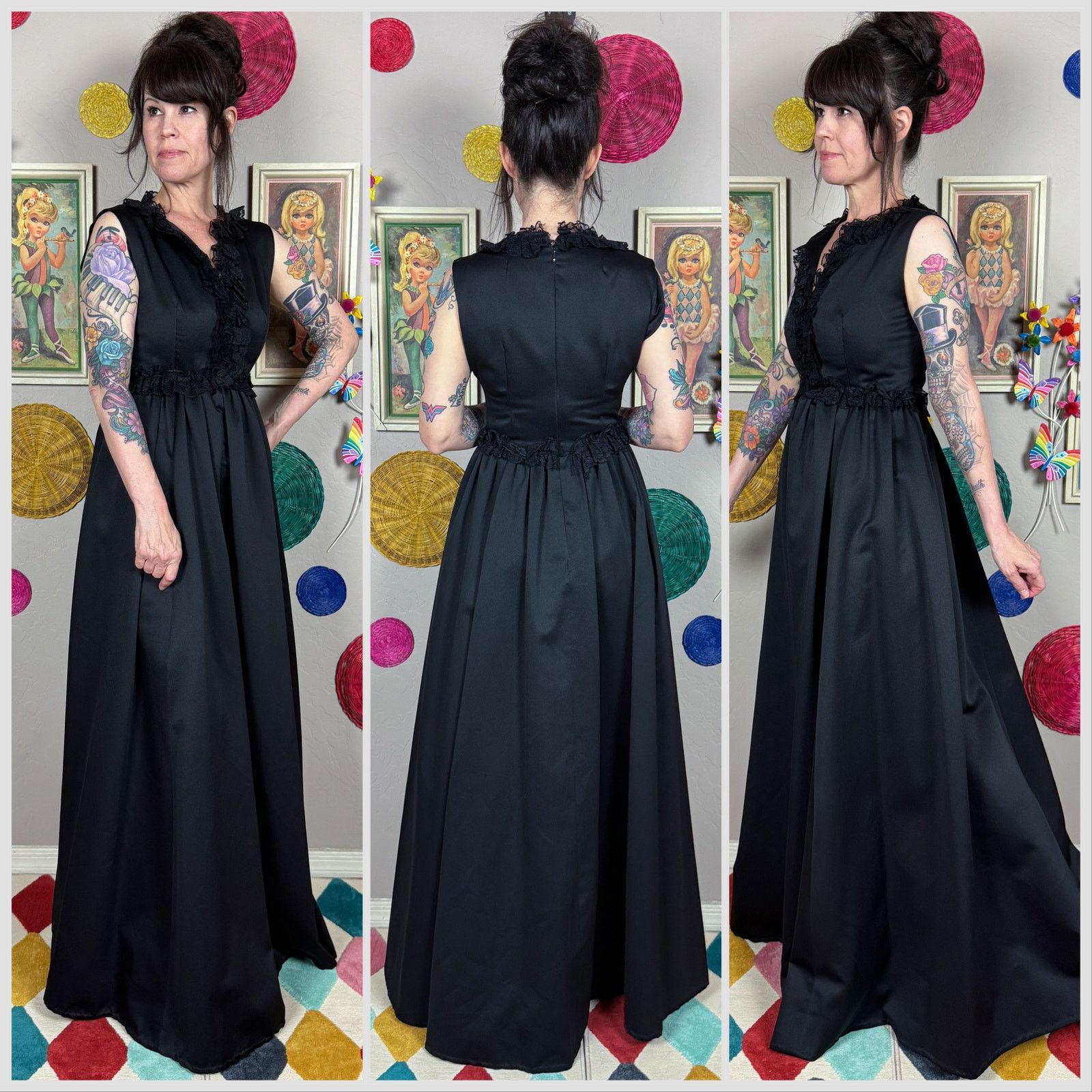 Vintage Vintage 1970s Black Sleeveless Ruffle Lace Satin Ball Gown Size XS / US 0-2 / IT 36-38 - 2 Thumbnail