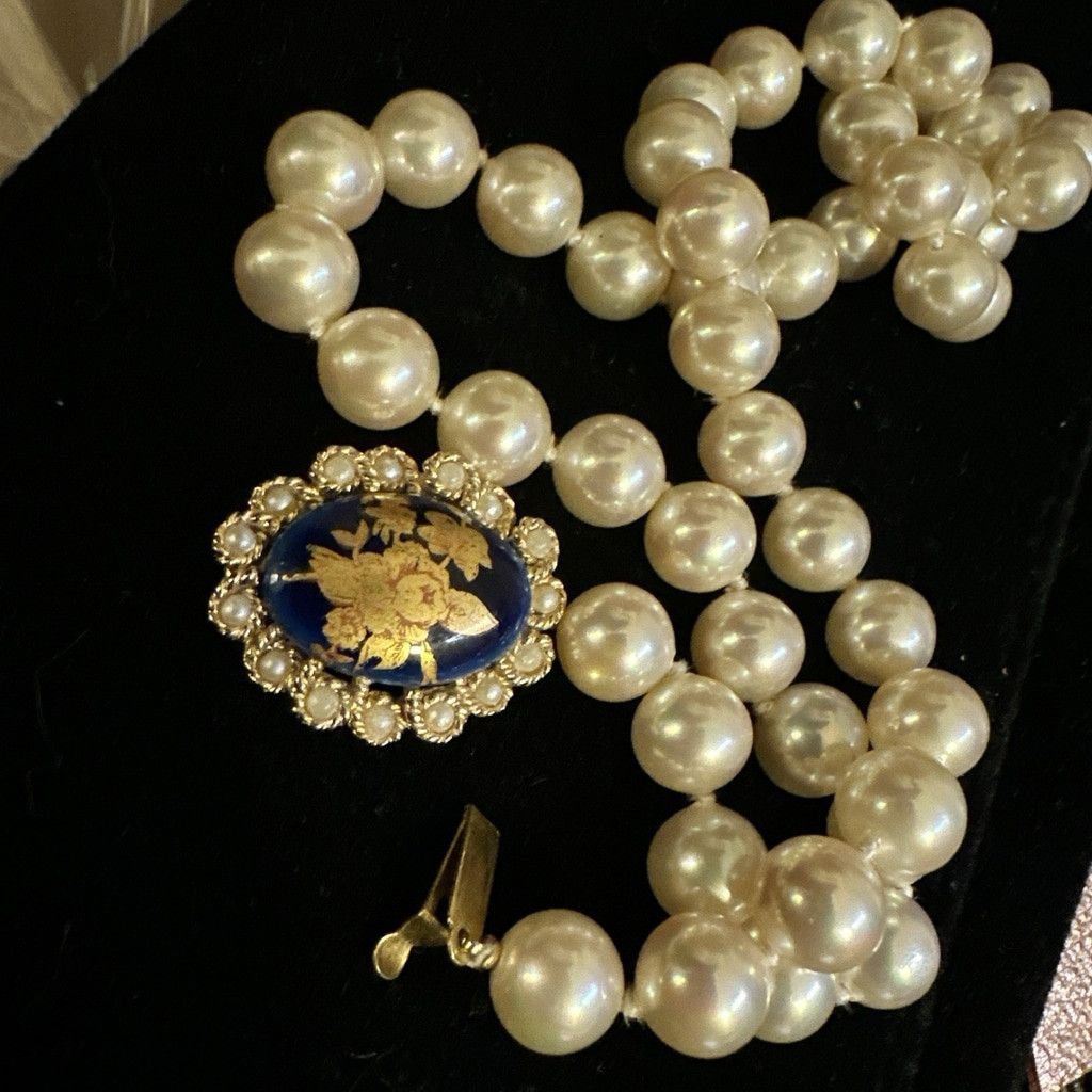 Vintage Vintage Limoges Pearl Necklace France 18” Blue Gold Ornate P Size ONE SIZE - 5 Thumbnail