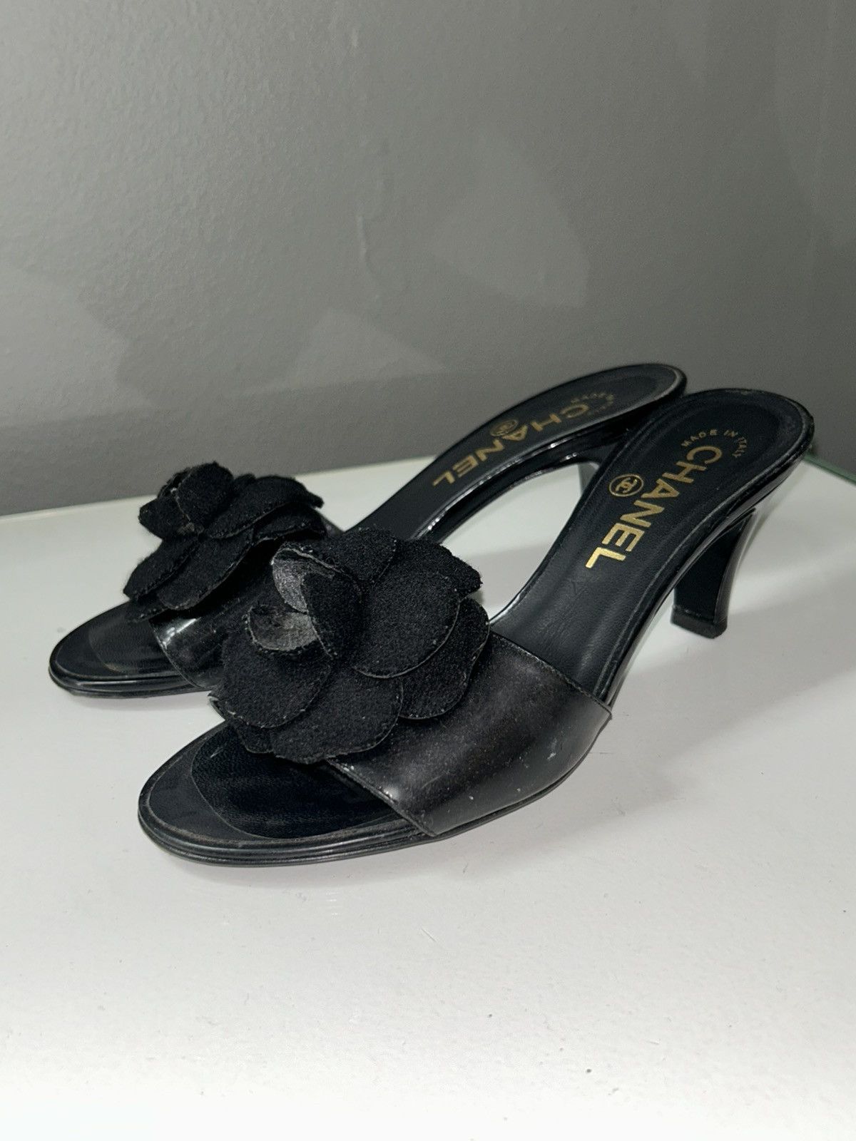 Chanel Chanel Black Camellia Embellished Peep Toe Heels size 34 1/2 Size US 4.5 / IT 34.5 - 8 Thumbnail
