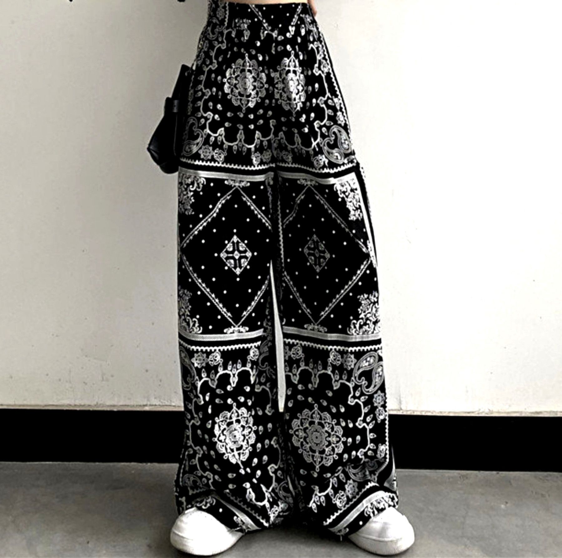 Designer × Vintage Hippie Goth Boho Print Drawstring Baggy Punk Rock Pants Size US 29 - 1 Thumbnail