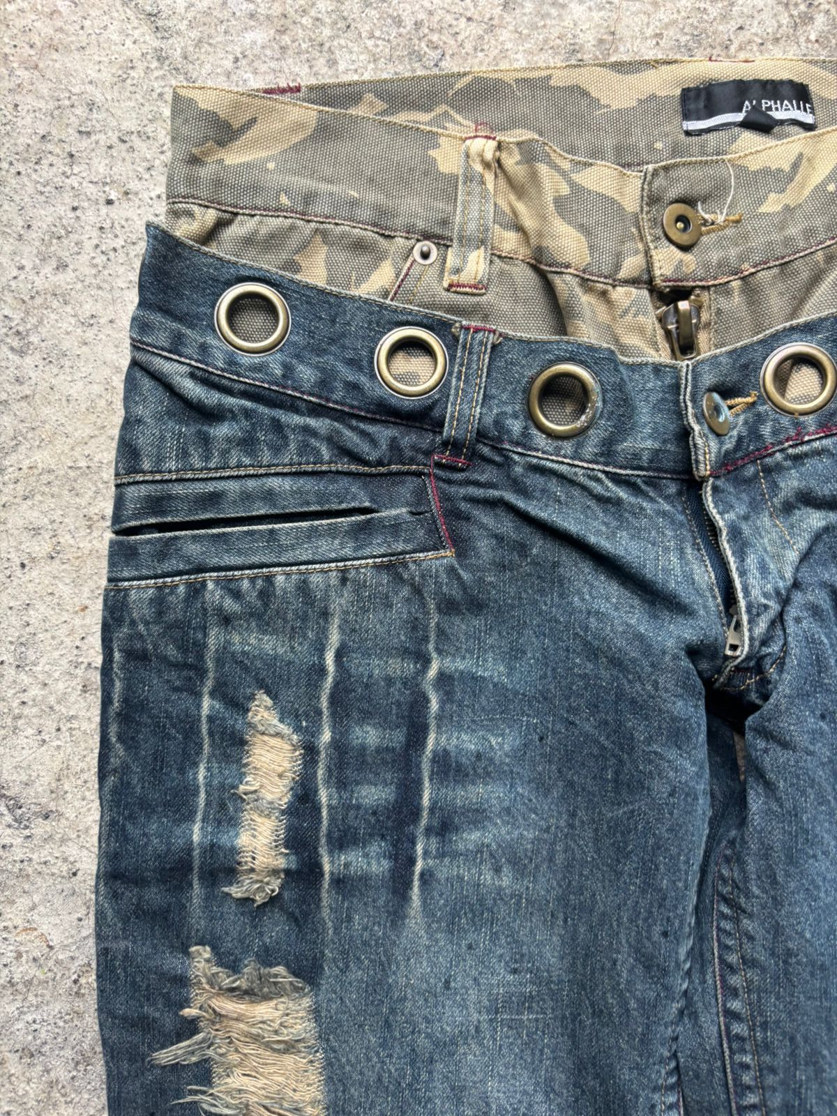 Japanese Brand 2000s Alphalee Japan Hybrid Distressed Double Waist Jeans Size US 31 - 4 Thumbnail