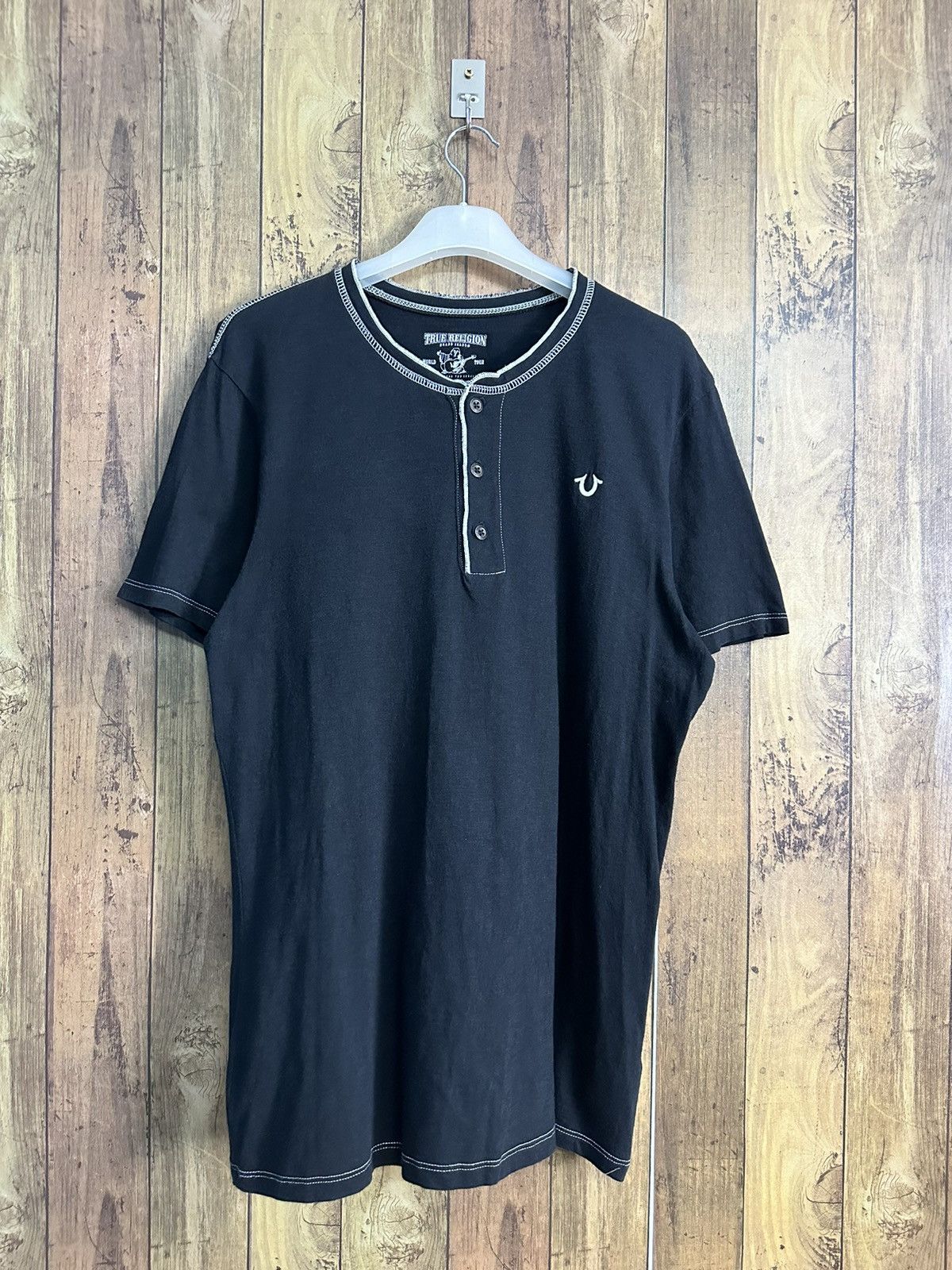 True Religion Henley Embroidery Logo Black Tshirt A359