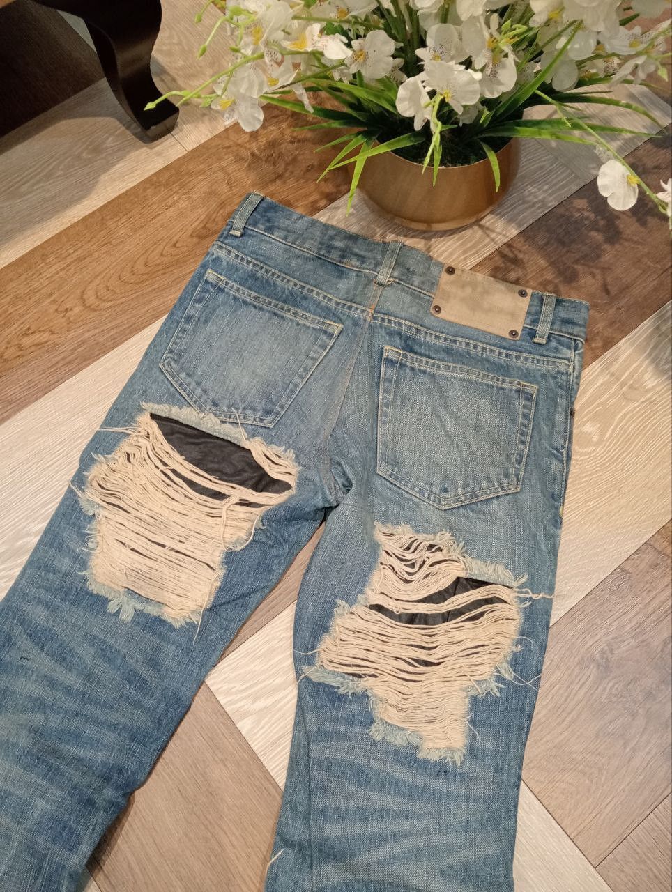 BUFFALO BOBS BUFFALO JEANS JAPAN HAGI MIX LEATHER FLARED DENIM PANTS Size US 30 / EU 46 - 13 Thumbnail